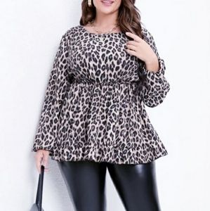 SHEIN Lantern Sleeve Animal Print Peplum Top